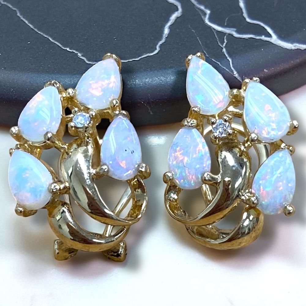 Estate Vintage 14k Yellow Gold Pear Opal and Diamond Cluster Omega Earrings
